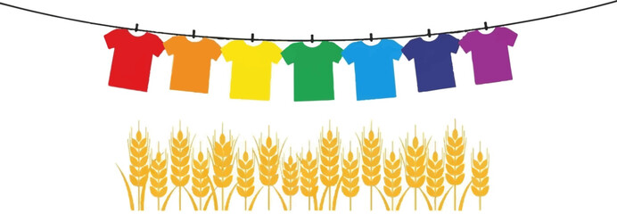 Colorful shirts on a clothesline above a field of golden wheat