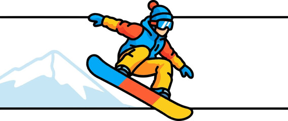 Colorful snowboarder jumps on a mountain slope. Dynamic illustration with bright gear and snowy peaks