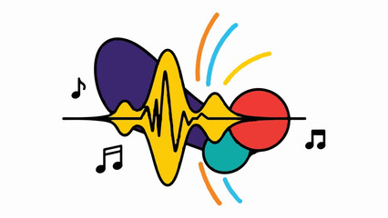 Colorful sound wave design with musical notes on a white background, representing audio and music