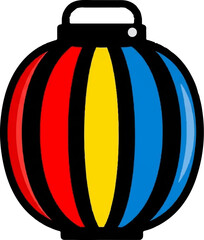 Colorful spherical lantern with a handle, featuring red, yellow, and blue stripes