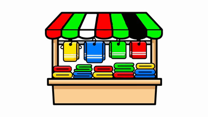 Colorful stall displaying folded and hanging towels in bright primary and secondary colors, red, green, yellow, blue