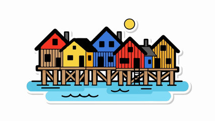 Colorful stilt houses line a serene blue waterway under a bright yellow sun