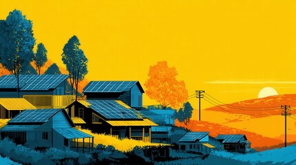 Rural village with solar panels and sunset