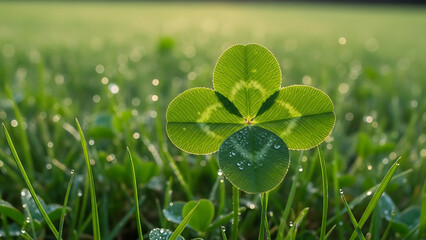 Close-up of a lucky four-leaf clover glistening with fresh morning dew drops in vibrant green grass.