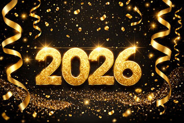 Golden 2026 with Glittering Shiny Confetti and Ribbon Streamers, Happy New Year Theme, Isolated black Background