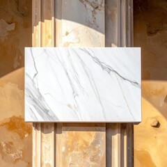 White marble slab on column with sun-kissed wall