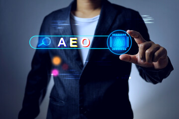 AEO answer engine optimization concept with businessman holding search bar represents a critical subset of SEO focused on making content the direct response for AI powered