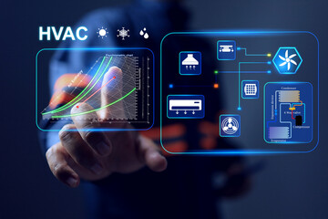HVAC heating ventilation and air conditioning concept with engineer pointing on psychrometric chart to controlling temperature, humidity, and air quality to ensure comfort and safety