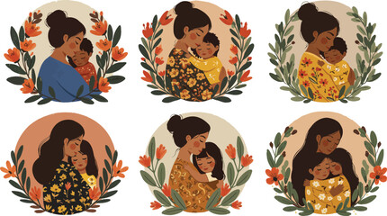 Six women in different dresses surrounded by flowers and foliage