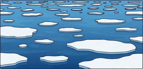 Cartoon ice floes drift across a deep blue ocean under a grey sky © Janu