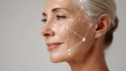 Digital skin analysis in a medium shot focusing on antiaging assessment by AI highlighting fine lines and wrinkles for custom care