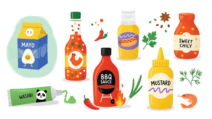 Colorful flat design spicy and tangy sauce bottles with chili peppers wasabi mayo bbq mustard and sweet chili accents