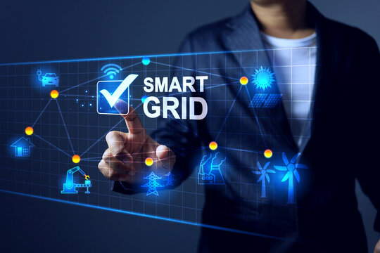 smart grid concept with a people operation for electricity distribution and generation to support electric power demand - Powered by Adobe