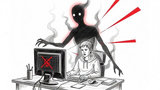 Young child victimized by unseen online menace, highlighting the critical need for digital security awareness and protection against internet dangers and cyber threats