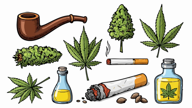An illustration of various cannabis-related items, including leaves, buds, oil, pipe, and joints