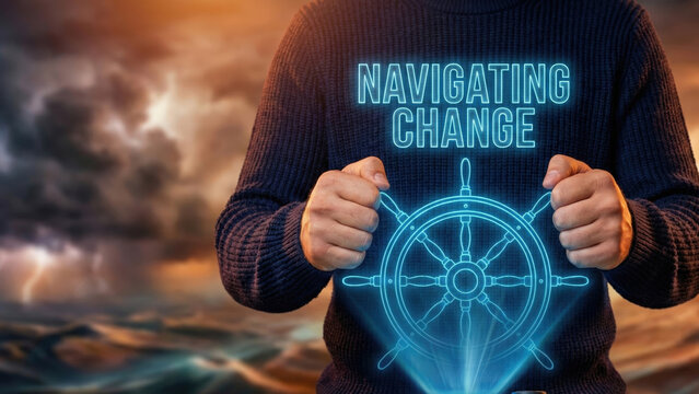 Navigating change high level planning concept with businessman holding glowing ship wheel leadership vision over stormy ocean background