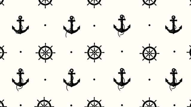 Seamless nautical pattern featuring black anchors and steering wheels on a cream background