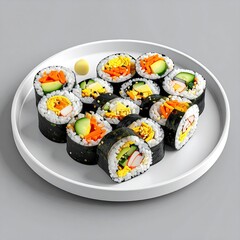 Korean seaweed rolls with various fillings arranged on a white plate