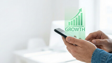 Business growth graph high level planning on smartphone screen concept with hand and success arrow up trend