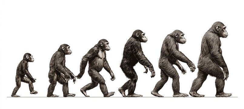 Ape primate walking like human evolution theory. Generative AI technology.	
