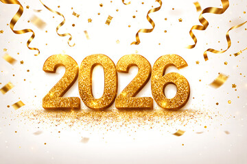 Golden 2026 with Glittering Shiny Confetti and Ribbon Streamers, Happy New Year Theme, Isolated white Background