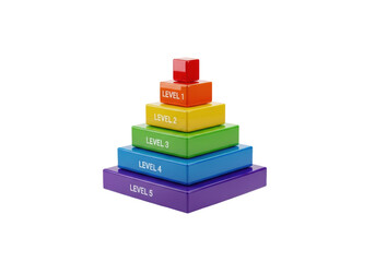 Naklejka premium a hyper-detailed, ray-traced five-level stepped pyramid chart made of glossy 3d geometric blocks, rainbow-colored, isolated on a transparent studio background, concept of strategic growth