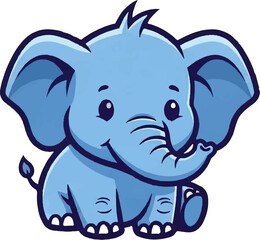 Fototapeta premium Adorable baby blue cartoon elephant illustration, sitting happily with a playful trunk and big ears