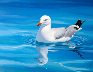 Fototapeta premium A seagull, with white feathers and a red beak, floats serenely on the blue water, creating gentle ripples and a reflection