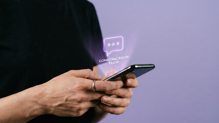 Communication flow high level planning mobile phone concept with person typing message screen for chat connection and digital network strategy