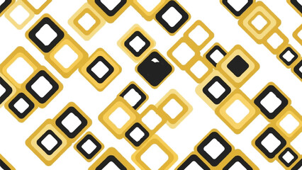 Abstract seamless pattern with black, gold, and yellow rounded squares on a white background, retro style