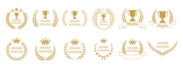 Gold Award Winner Badge Collection &ndash; Trophy, Laurel Wreath and Champion Emblems, Premium Achievement and Success Icons, Elegant Vector Set Isolated on White Background