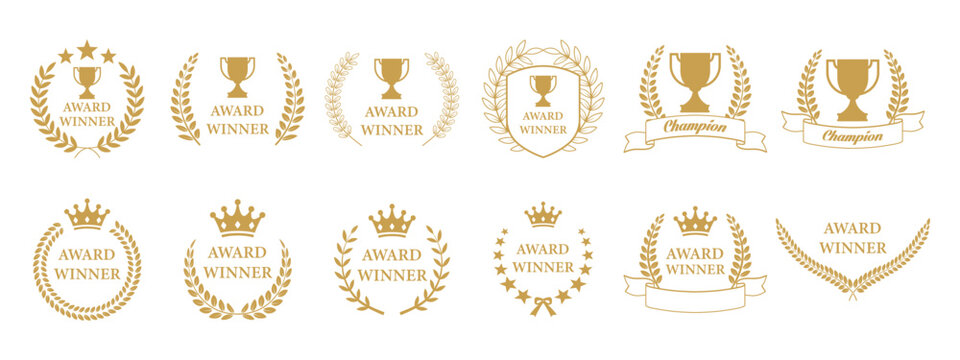 Gold Award Winner Badge Collection &ndash; Trophy, Laurel Wreath and Champion Emblems, Premium Achievement and Success Icons, Elegant Vector Set Isolated on White Background