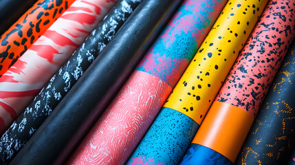 An assortment of vibrantly patterned rolls, reminiscent of retro wrapping paper designs, featuring diverse textures and abstract speckled motifs