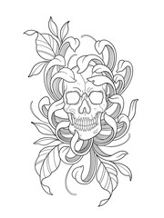Floral Skull Tattoo Stencil Design Outline Vector T-shirt Print