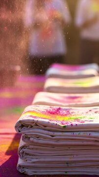 Explosion of colors over Colorful cloths ready for holi festival celebration with copy space