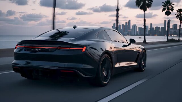 Luxury black sports car driving on coastal road with modern city skyline sunset view and fast automotive speed transportation travel lifestyle vehicle reflection