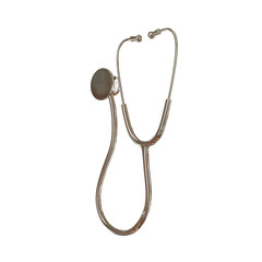 A stethoscope lies on a plain white background for medical use