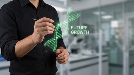 Future growth high level planning concept in modern laboratory showing digital dna helix innovation idea and business strategy vision for science