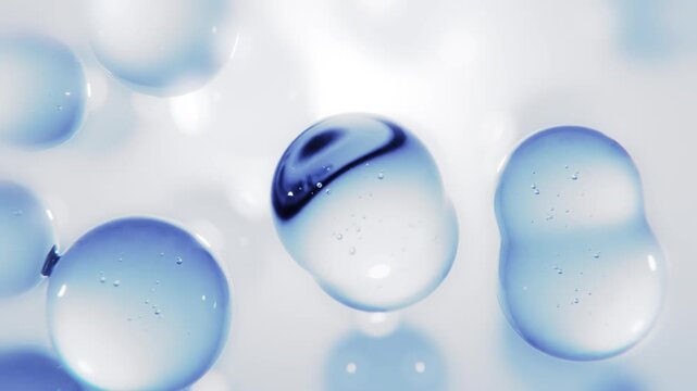 3D Abstract Macro Liquid Bubbles and Blue Glass Cells Floating on Bright White Background for Cosmetic, Scientific Research, and Medical Biotechnology Animation.