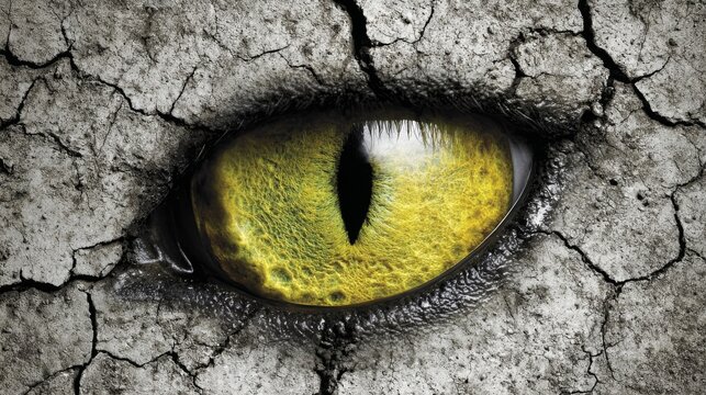 A viper's piercing yellow eye with a striking black vertical pupil stares intensely from a cracked stone surface