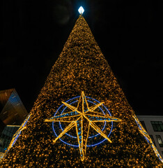 Beautiful shiny Christmas tree at night
