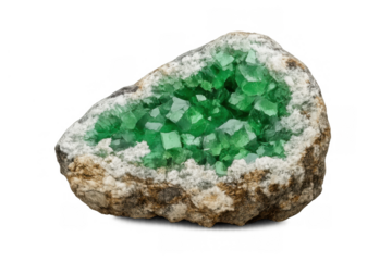 Green mineral geode with vibrant emerald colored crystals revealing natural geological beauty on transparent background