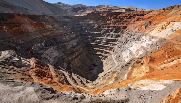 Vast open pit mine excavation landscape geological strata earth layers, mining extraction natural resources.