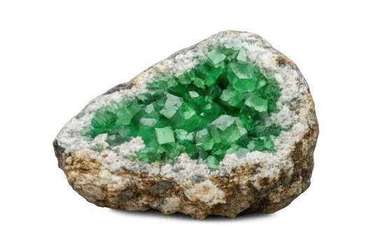 Green mineral geode with vibrant emerald colored crystals revealing natural geological beauty on transparent background