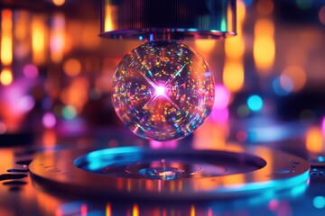 Colorful crystal sphere suspended above a reflective surface in a vibrant scientific environment