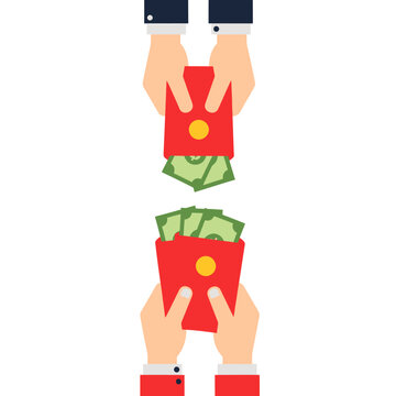 Hands Exchanging Red Envelopes with Money.