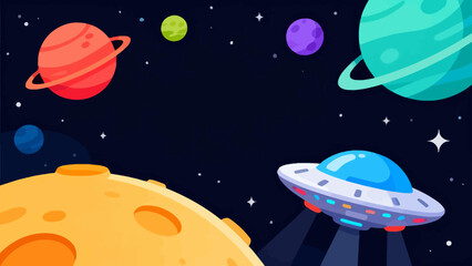 Colorful space scene with planets and UFO © KW