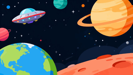 Colorful space scene with planets and spaceship © KW