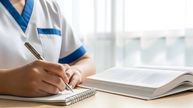 Nurse or medical professional taking notes with pen and notebook