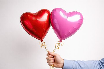 Red and pink heart-shaped helium foil balloons in a man's hand on a white background. Romantic holiday concept on the theme of love, Valentine's Day